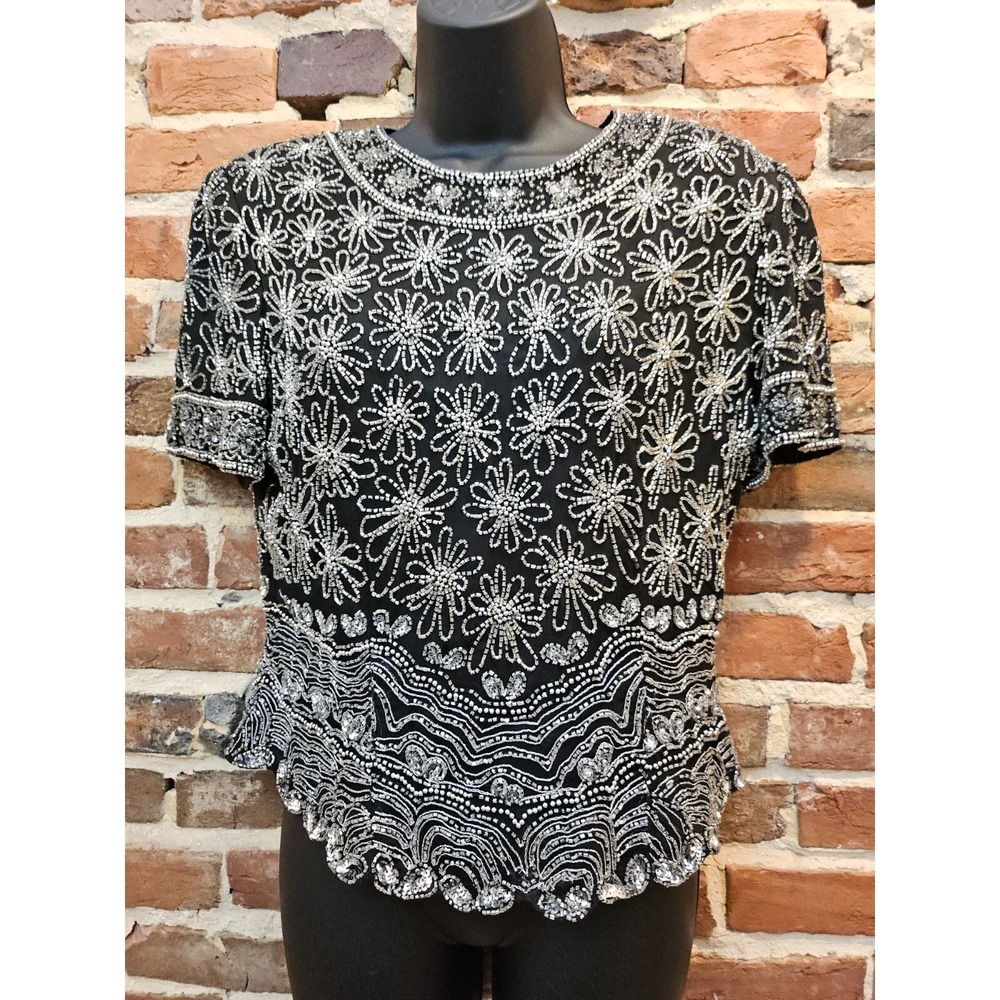 Papell Boutique Blouse Womens M Black Silk Evening Sequin & Cut Beaded Pullover